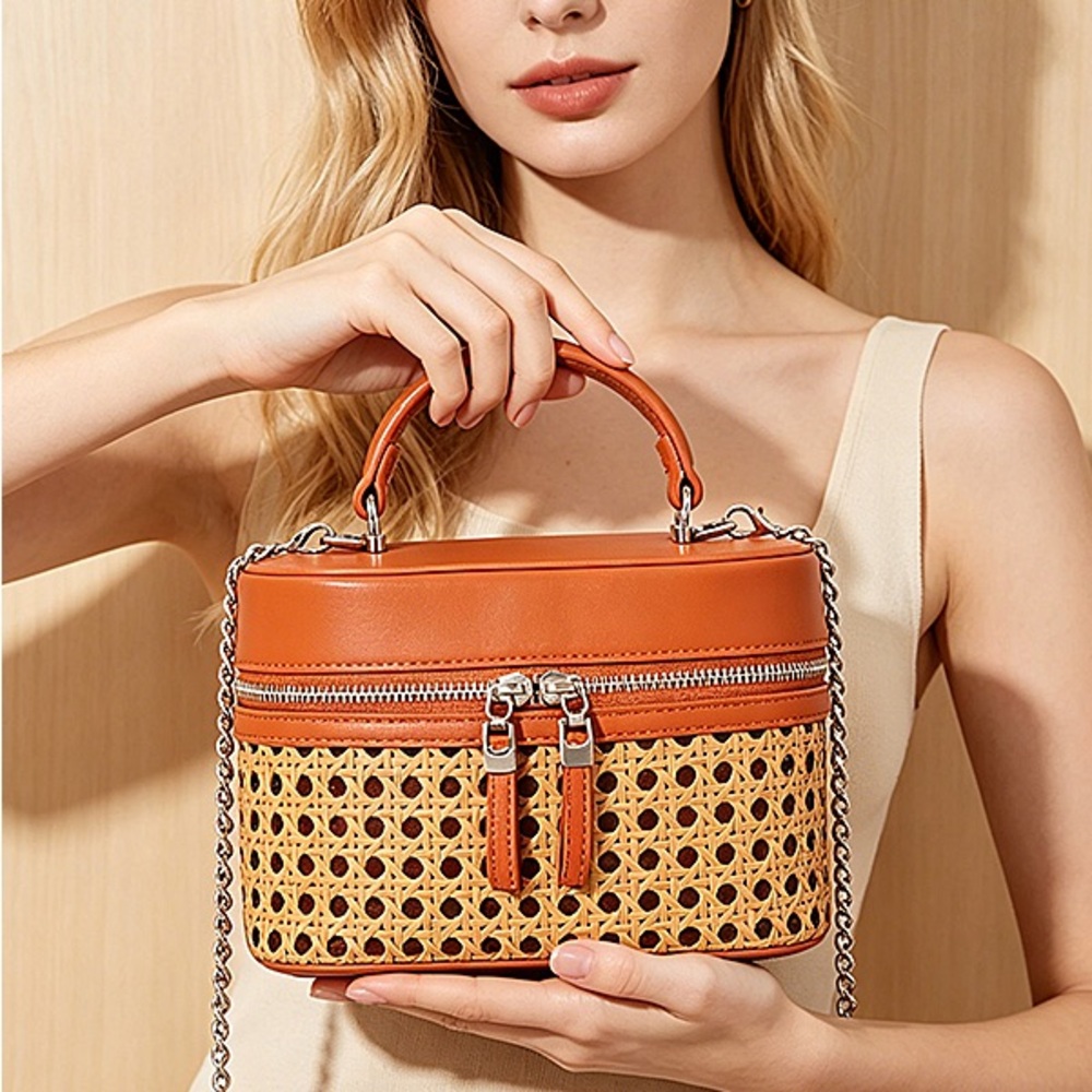 Woven Peforated Bamboo Braided Vanity Case Convertible Bag - Black or Cognac